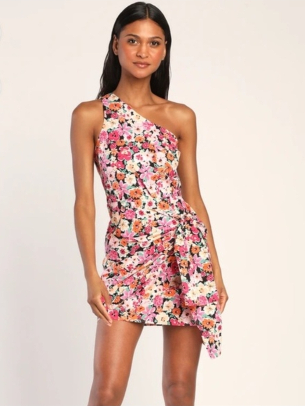 Lulu's Gorgeous Garden Pink Floral One-Shoulder Faux-Wrap Mini Dress Size S
